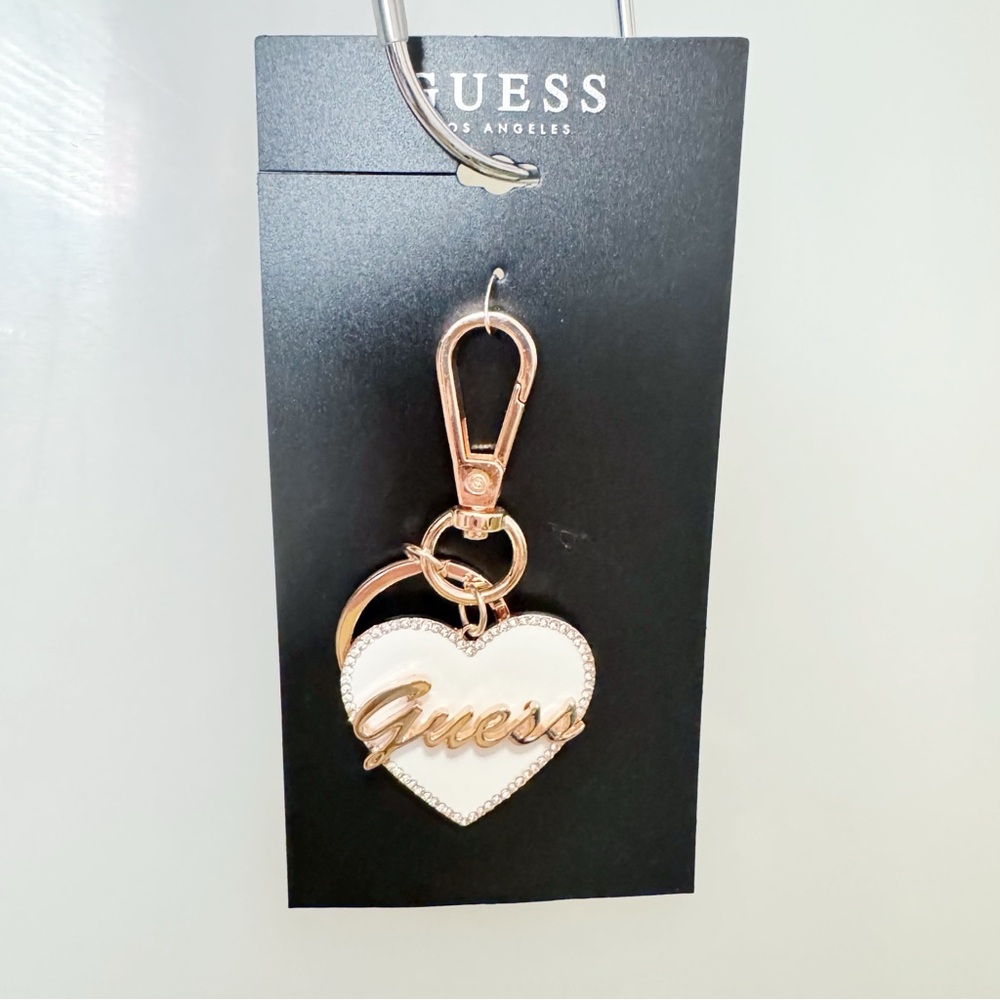 New Guess White and Goldtone Heart Keychain Purse Charm